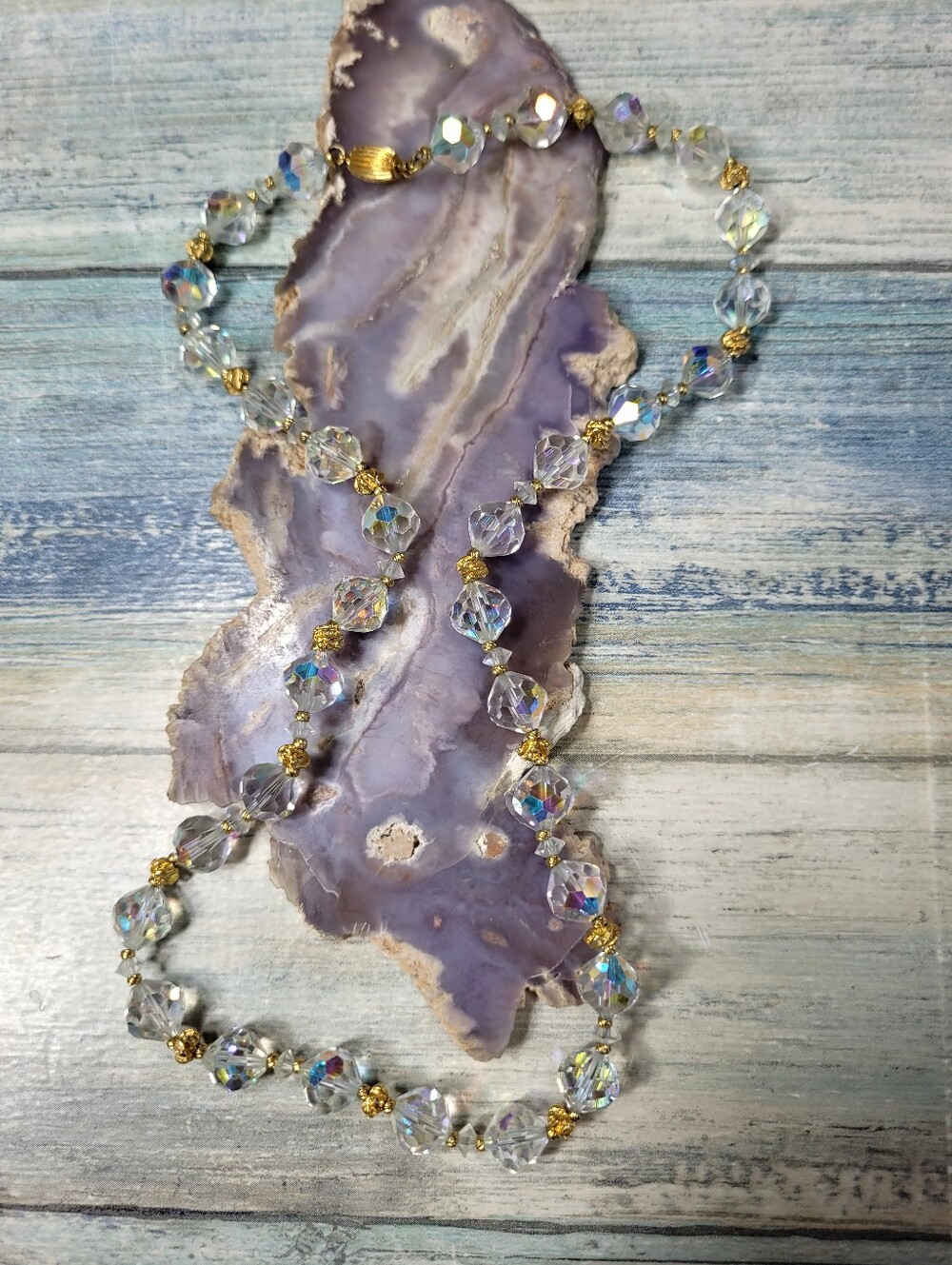Crystal Aurora Borealis Beaded Necklace with Gold Accents - Clear